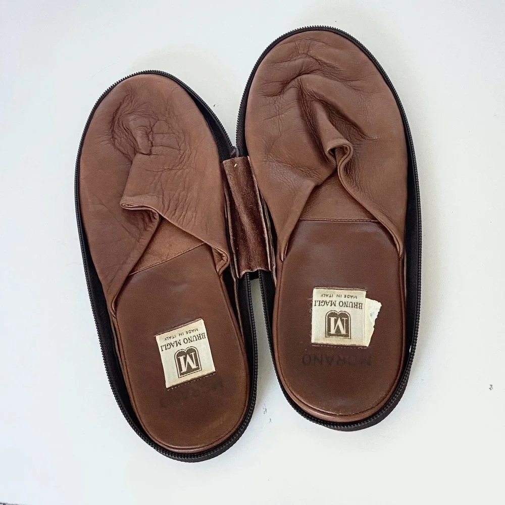 Bruno Magli Morano Mens Brown Leather Travel Slippers with Zipper Pouch Size 11